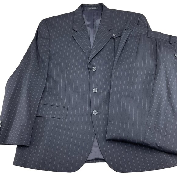 Chaps Suit Men 44S 35Wx 32L Black Pinstripe Pleat Classic Executive Cuff‎ 2pc - Picture 1 of 16
